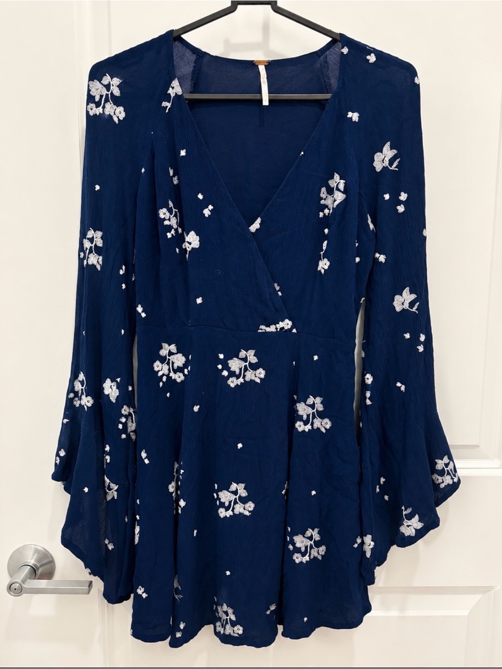 Free People Navy Embroidered Bell Sleeve Mini Dress Boho Size 2
